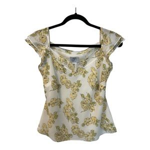 LOFT Petite Flutter Cap Sleeve Chiffon Blouse White Floral SZ PS
